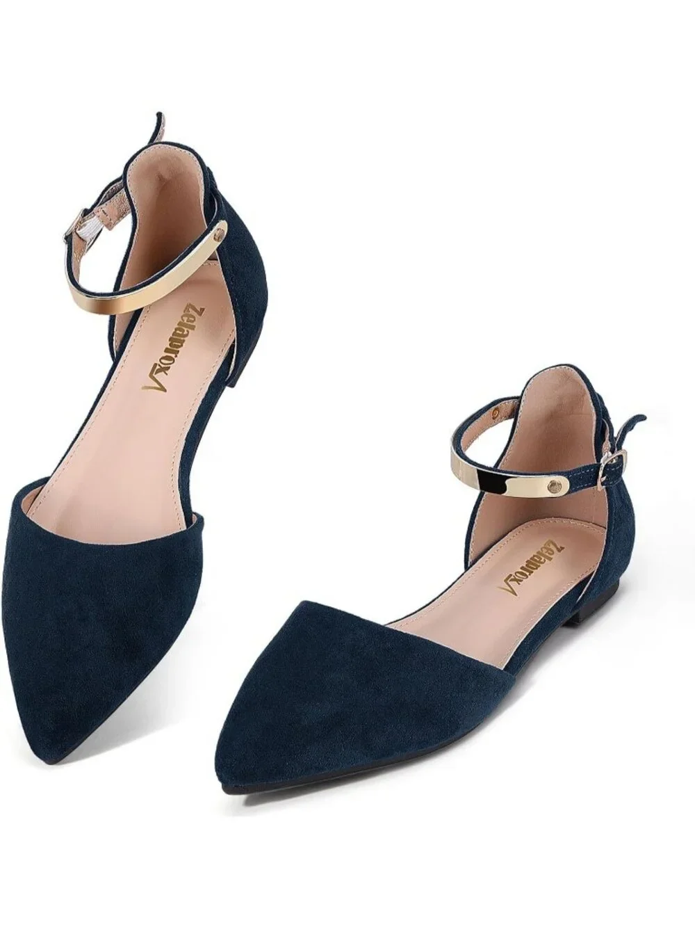 Women's Blue Suede Pointed Toe Flats Fancy Gold Ankle Strap Rhinestone Shoes